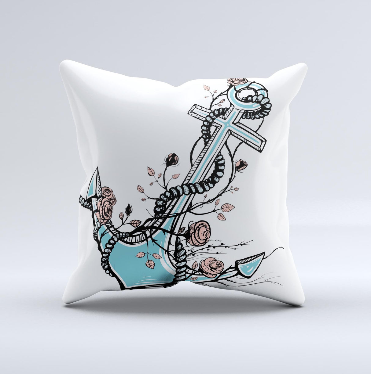 Blue Pastel Anchor with Roses ink-Fuzed Decorative Throw Pillow