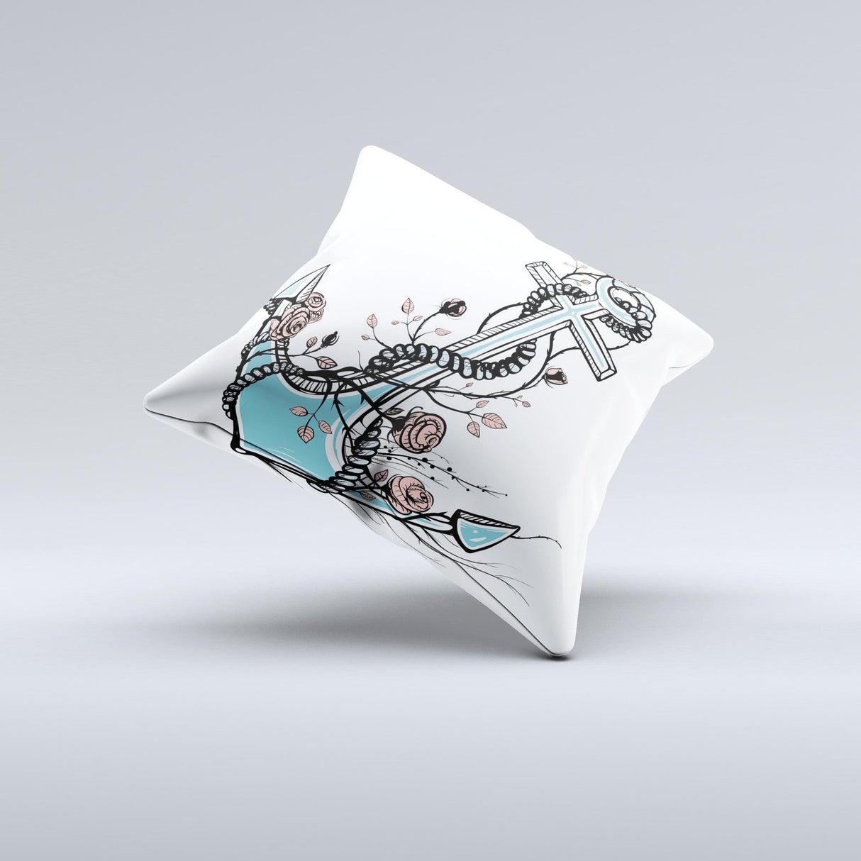 Blue Pastel Anchor with Roses ink-Fuzed Decorative Throw Pillow