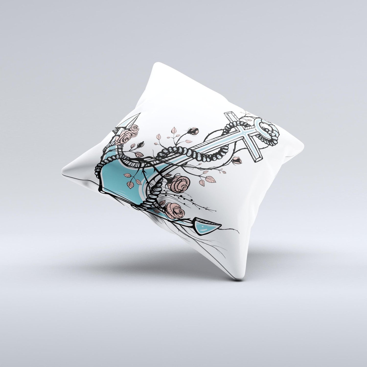 Blue Pastel Anchor with Roses ink-Fuzed Decorative Throw Pillow