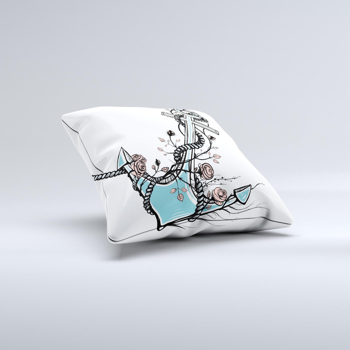Blue Pastel Anchor with Roses ink-Fuzed Decorative Throw Pillow