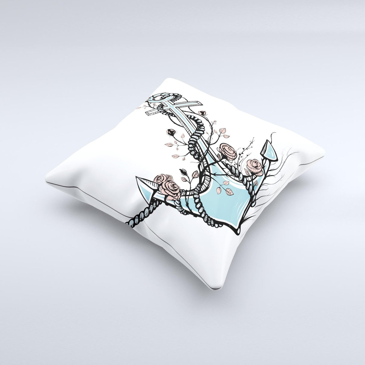 Blue Pastel Anchor with Roses ink-Fuzed Decorative Throw Pillow