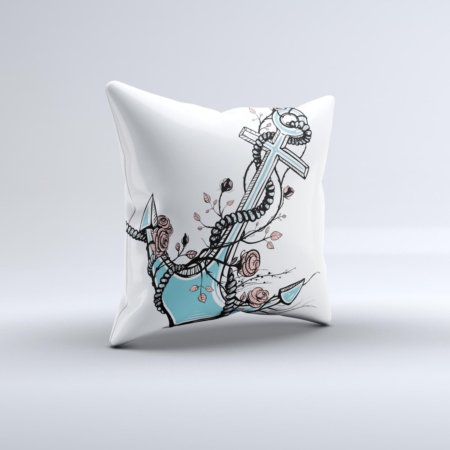 Blue Pastel Anchor with Roses ink-Fuzed Decorative Throw Pillow