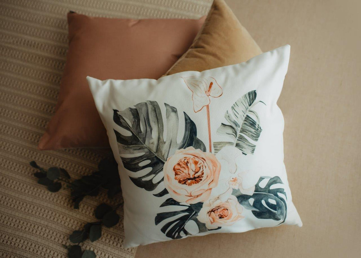 Greenery with Pink Florals | Modern Home Decor | Mud-Cloth Pillow |