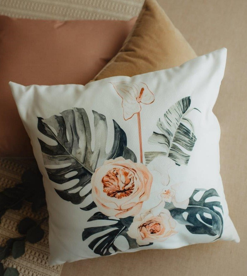 Greenery with Pink Florals | Modern Home Decor | Mud-Cloth Pillow |