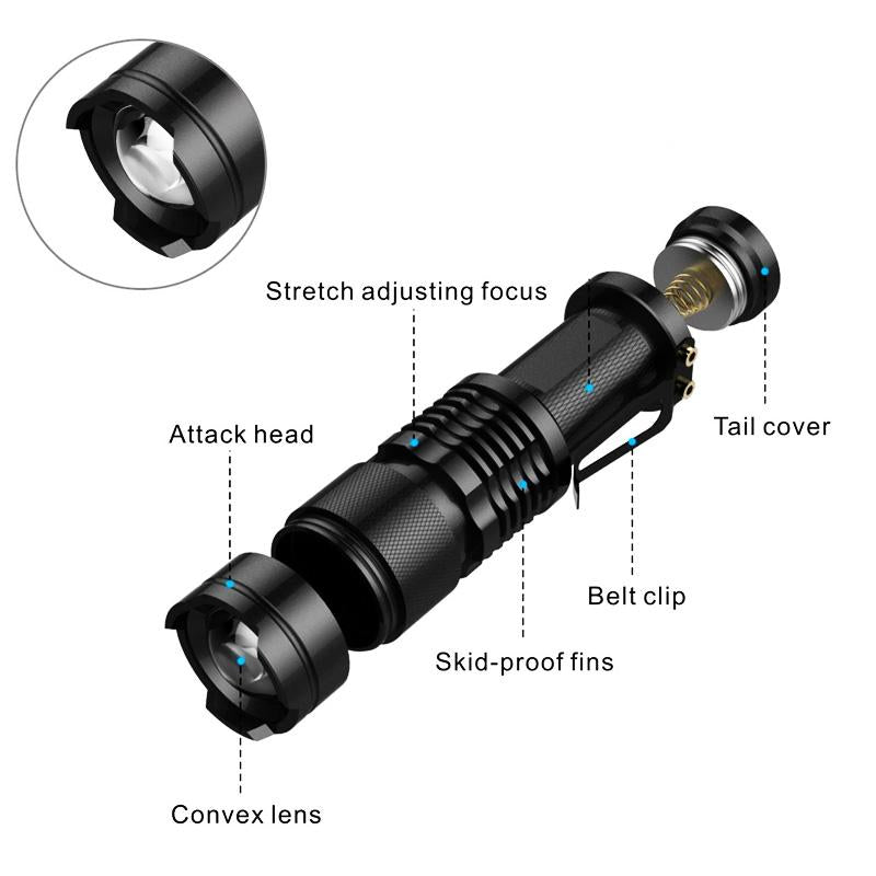 LED Flashlight 2000LM Q5 Mini Portable Torch Adjustable Zoom Flash